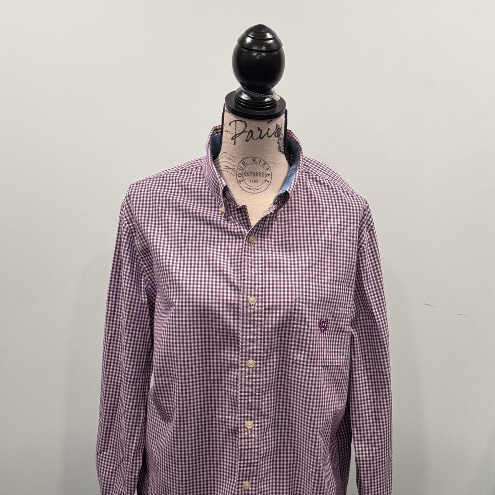 Mens Button Down Shirt L Large Chaps Easy Care Purple Gingham Check